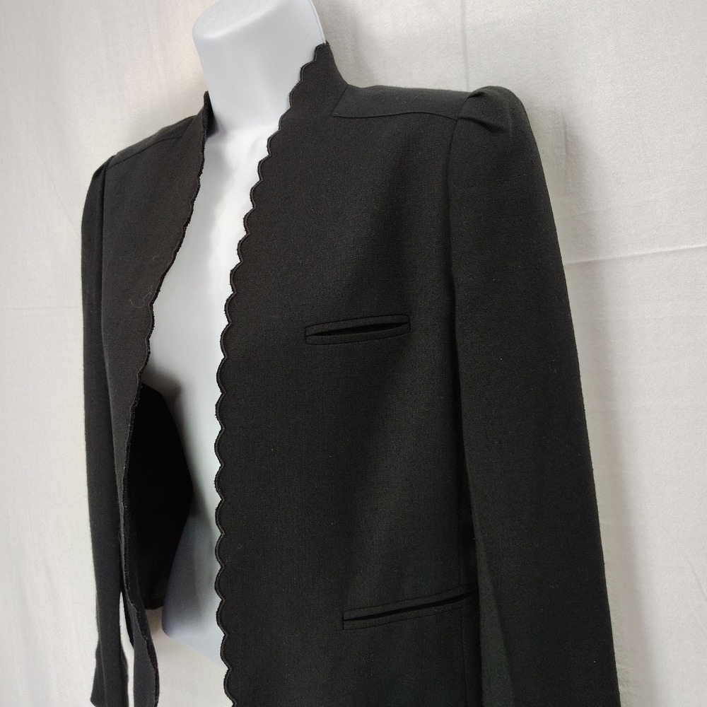 Vtg Sasson Paris Women's Blazer 4/5 Collarless Blazer‎ Jacket Scalloped Hem